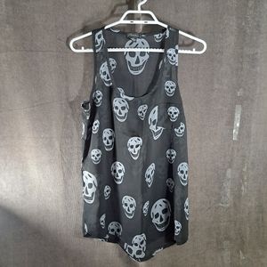 Seductions Black with Grey Grinning Skulls Sheer Tank Top with Pocket VG S